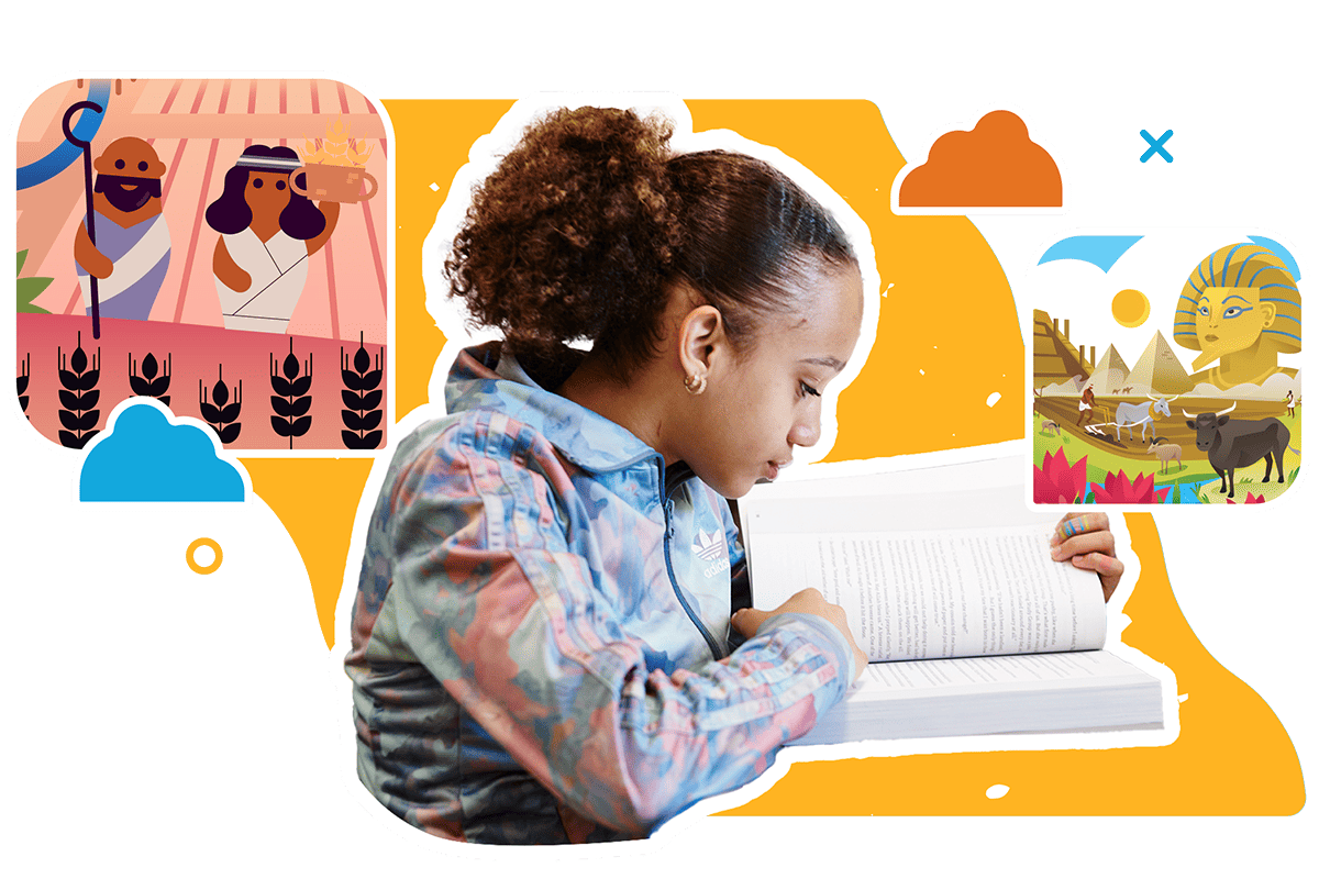 Young girl reading a CKLA book with illustrated scenes of a fairytale kingdom and animals floating around her, suggesting a vivid imagination inspired by her reading.