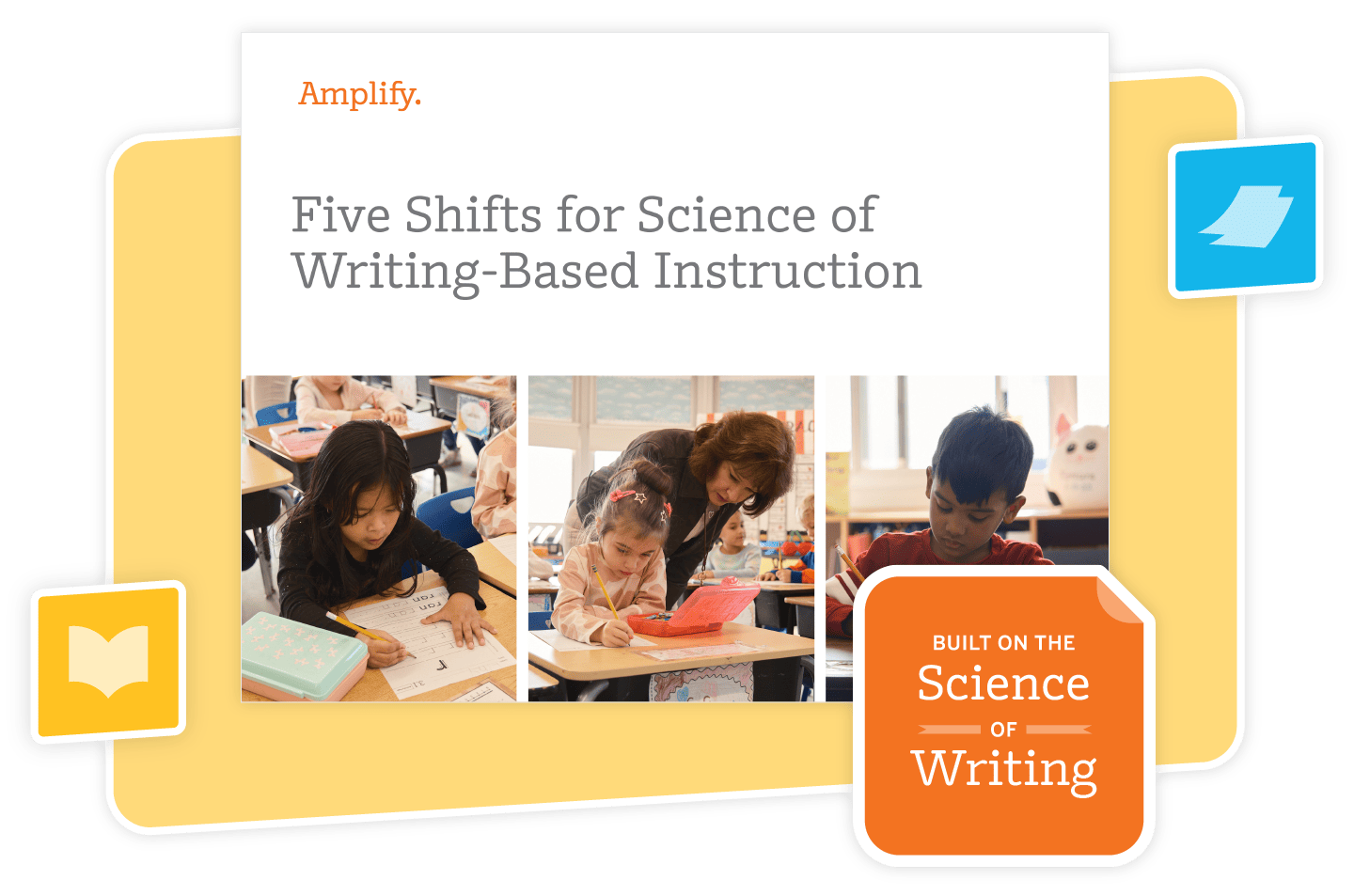 Collage of three images showing children and a teacher engaged in writing activities, with the text
